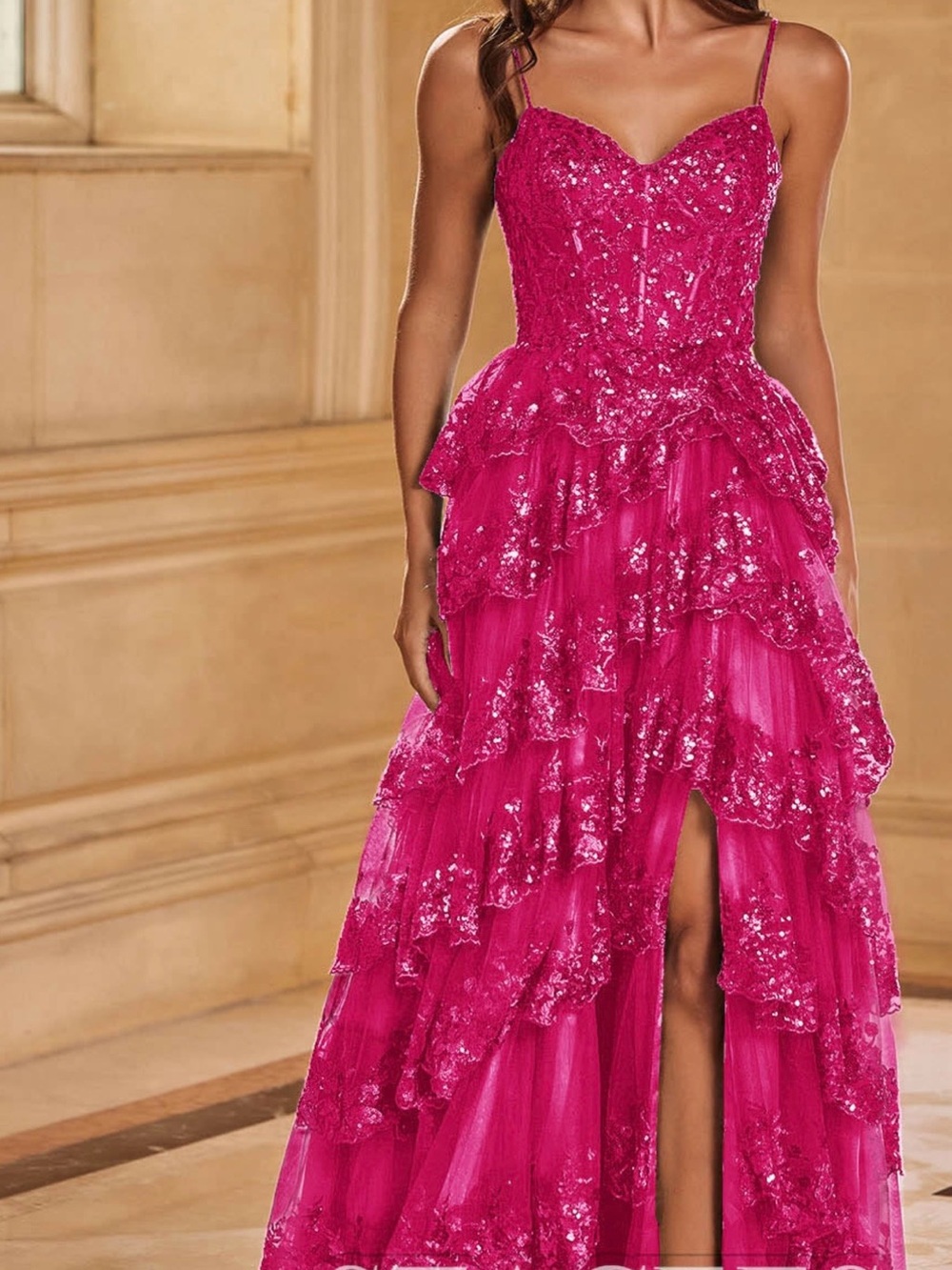 Stacees NWT Fuchsia Sequin Tiered Prom Gown with Spaghetti Straps Size 4